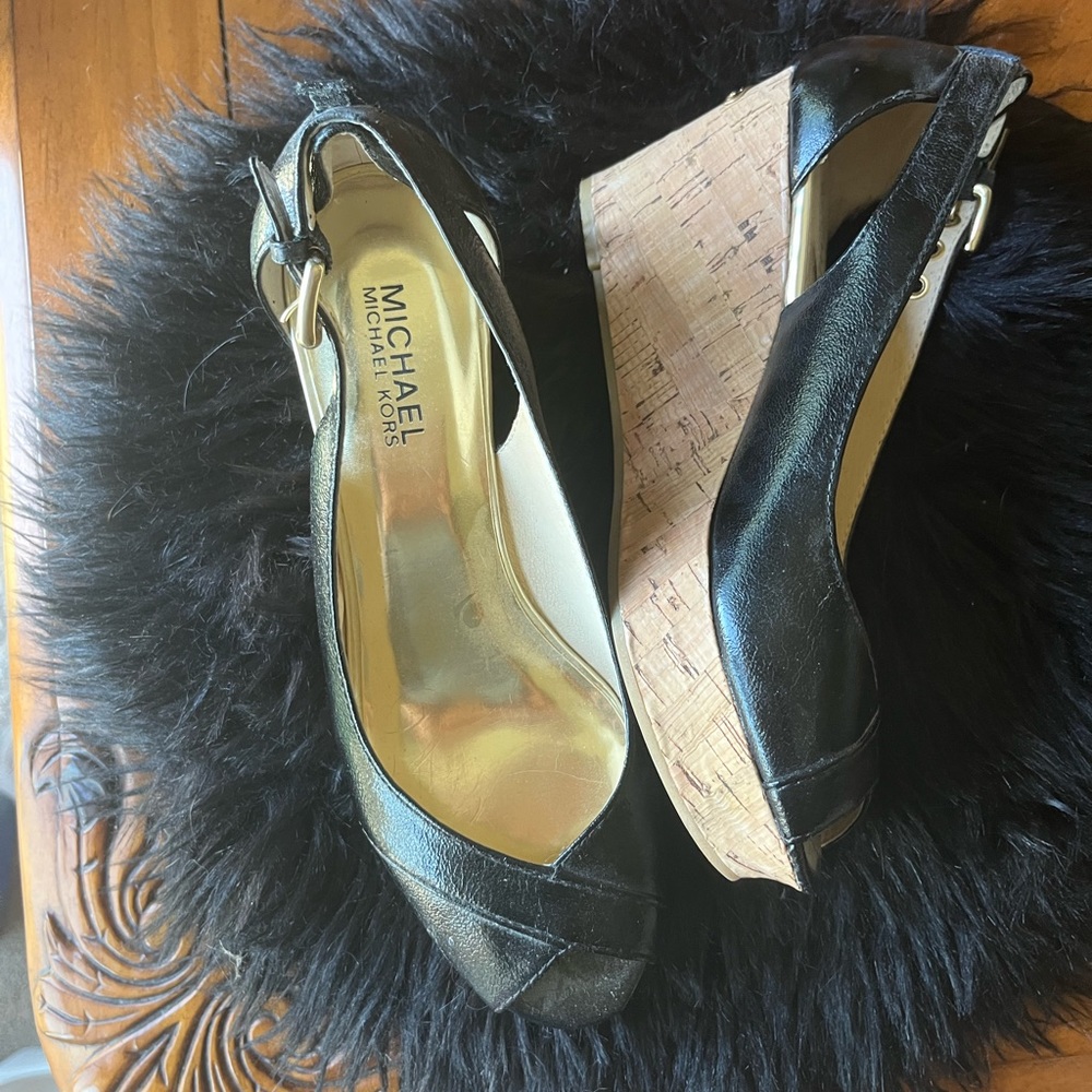 Platform leather and cork wedges